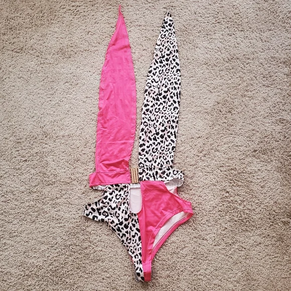 Women's Leopard One Piece Neck Tie Swimsuit Size Large - Picture 4 of 7